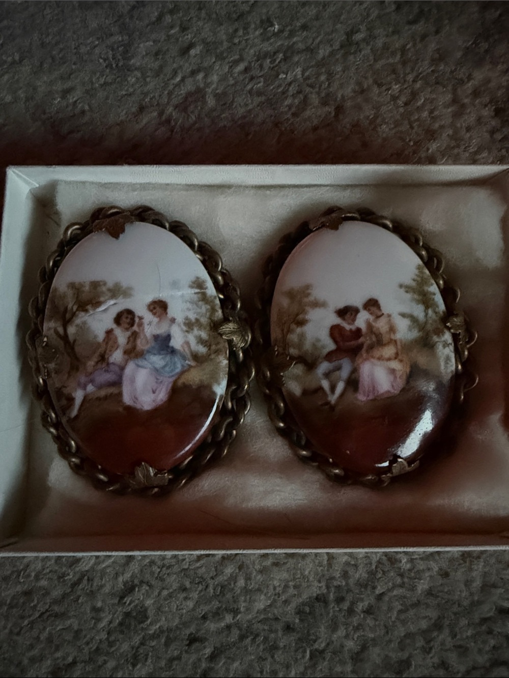 Vintage Hand-Painted Porcelain Cameo Brooch Pair - Scenic Couples, White & Brown